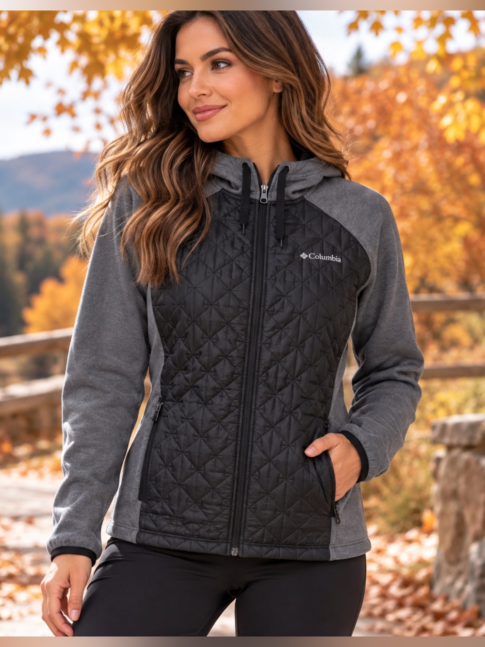 Columbia Women’s XL Gray Black Quilted Hooded Hybrid Jacket Full Zip